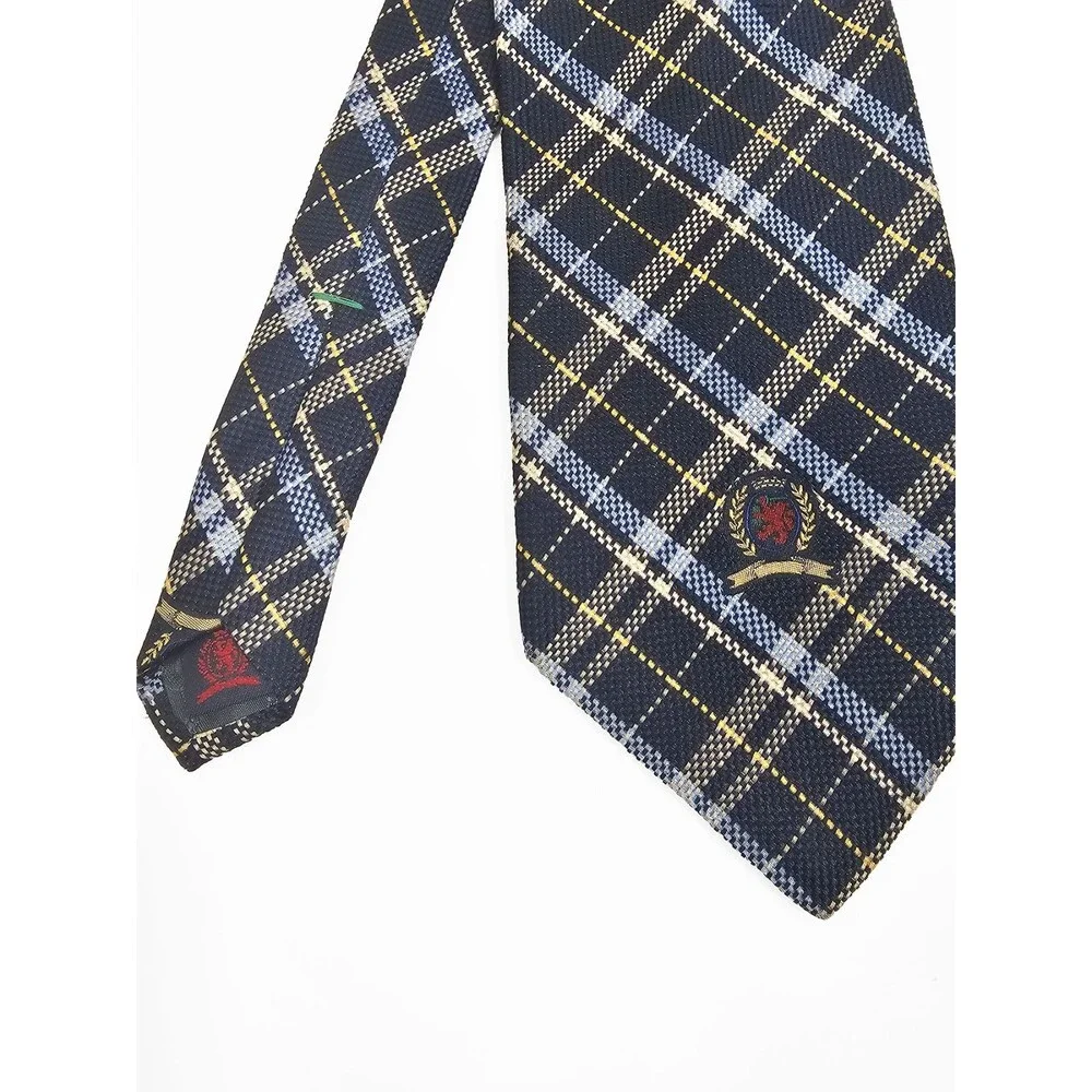 Tommy Hilfiger Silk Woven Plaid Vintage Tie Logo Blue Yellow Classic
